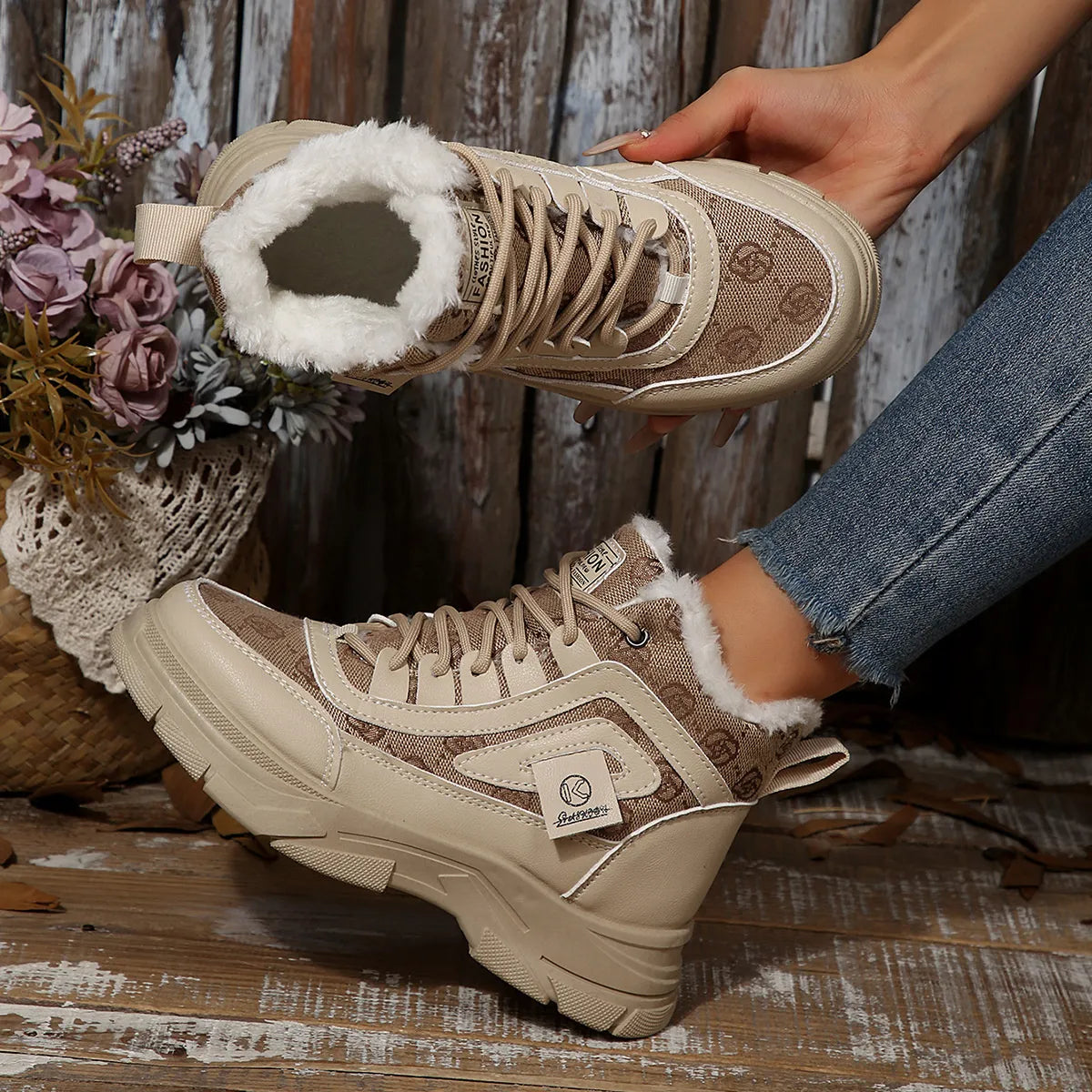 High-Top Platform Chunky Sneaker Boots with Lace-Up