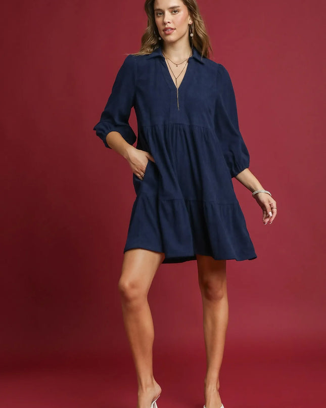Umgee Tiered Corduroy Mini Dress with Balloon Sleeves