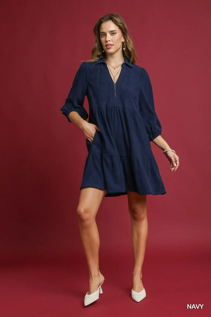 Umgee Tiered Corduroy Mini Dress with Balloon Sleeves