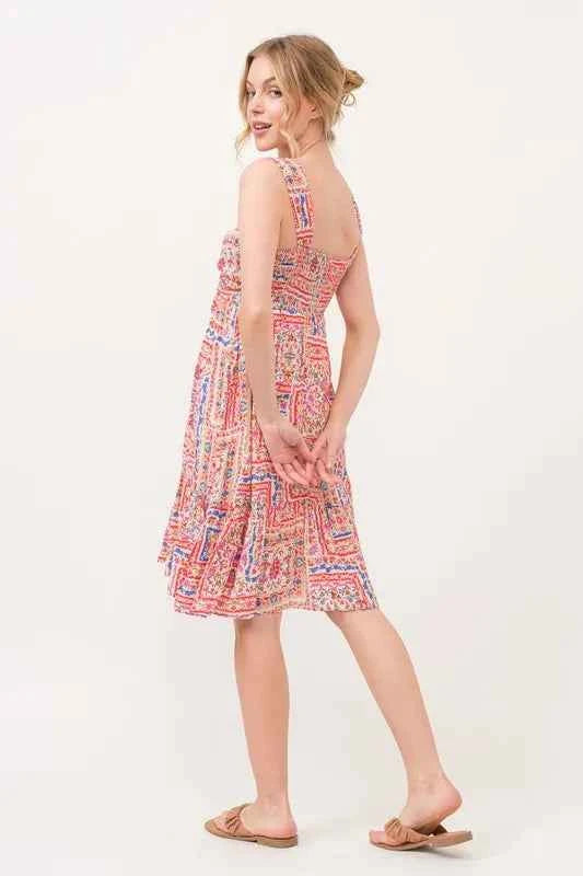 And The Why Tied Front Smocked Back Tiered Boho Printed Dress