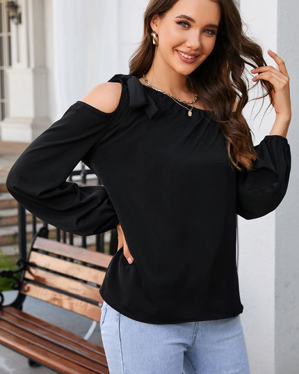 Tied Asymmetrical Neck Cold-Shoulder Blouse