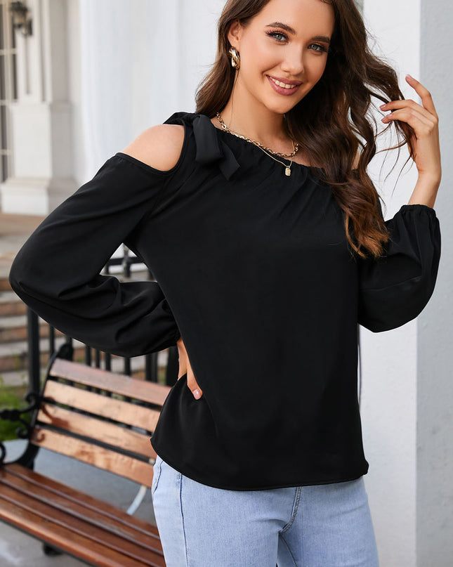 Tied Asymmetrical Neck Cold-Shoulder Blouse
