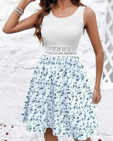 Lace Detail Floral Round Neck Sleeveless Dress