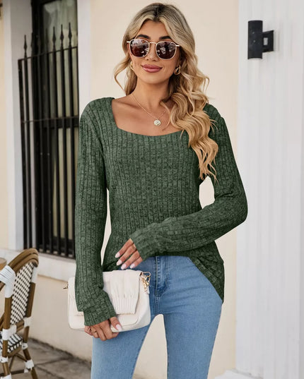 Ribbed Square Neck Long Sleeve T-Shirt