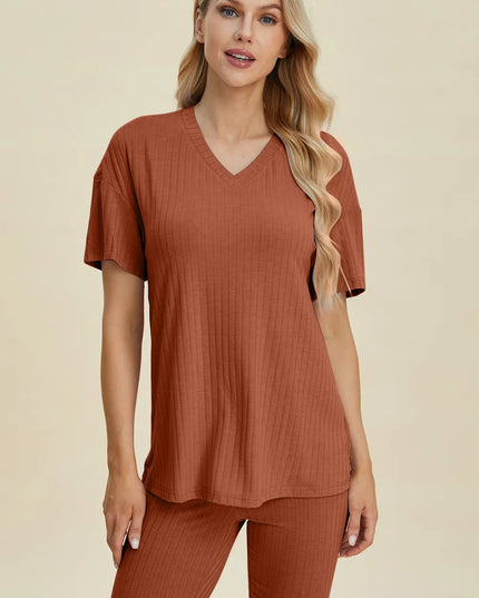 Basic Bae Full Size Ribbed V-Neck Short Sleeve Top and Shorts Set Caramel