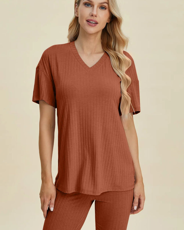 Basic Bae Full Size Ribbed V-Neck Short Sleeve Top and Shorts Set Caramel