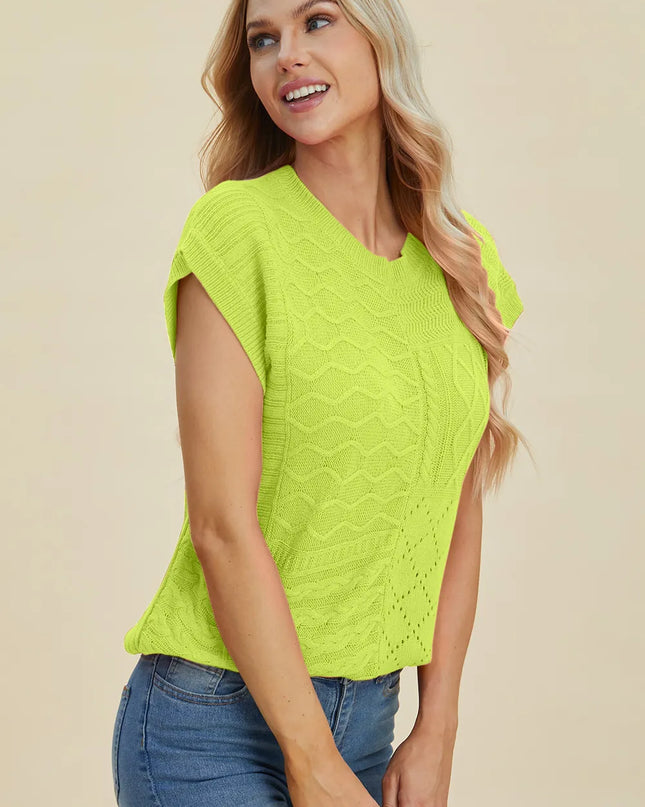 Double Take Full Size Cable-Knit Round Neck Cap Sleeve Sweater