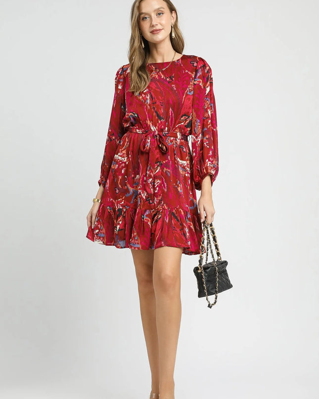 Umgee Ruffled Hem Printed Balloon Sleeve Dress