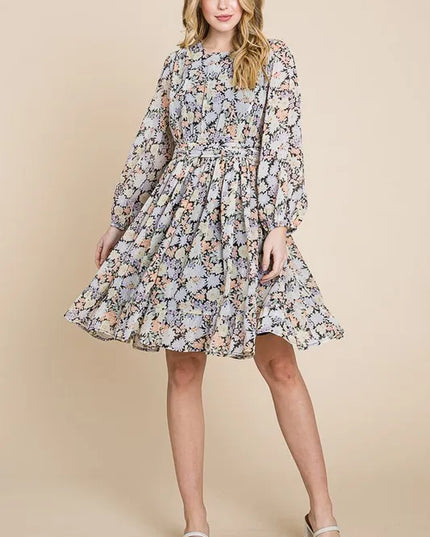 Lime 'N' Chili Chiffon Floral Print Belted Dress with Back Zipper 