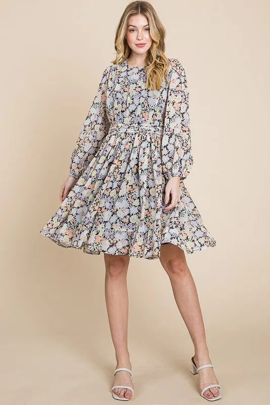 Lime 'N' Chili Chiffon Floral Print Belted Dress with Back Zipper 