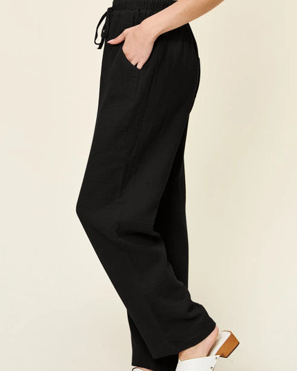 Double Take Full Size Texture Drawstring Straight Pants
