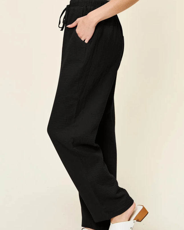 Double Take Full Size Texture Drawstring Straight Pants