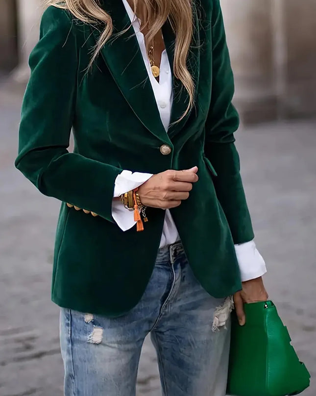 One Button Lapel Collar Long Sleeve Blazer Black Forest