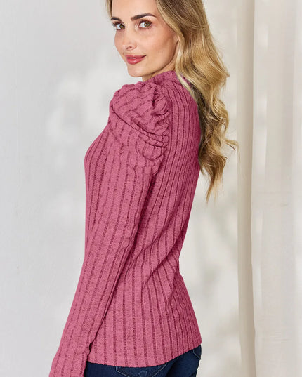 Basic Bae Full Size Ribbed Mock Neck Puff Sleeve T-Shirt