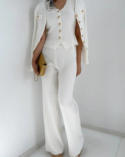 V-Neck Tank, Cardigan and Pants Three-Piece Sweater Set White One Size