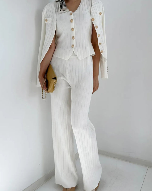 V-Neck Tank, Cardigan and Pants Three-Piece Sweater Set White One Size