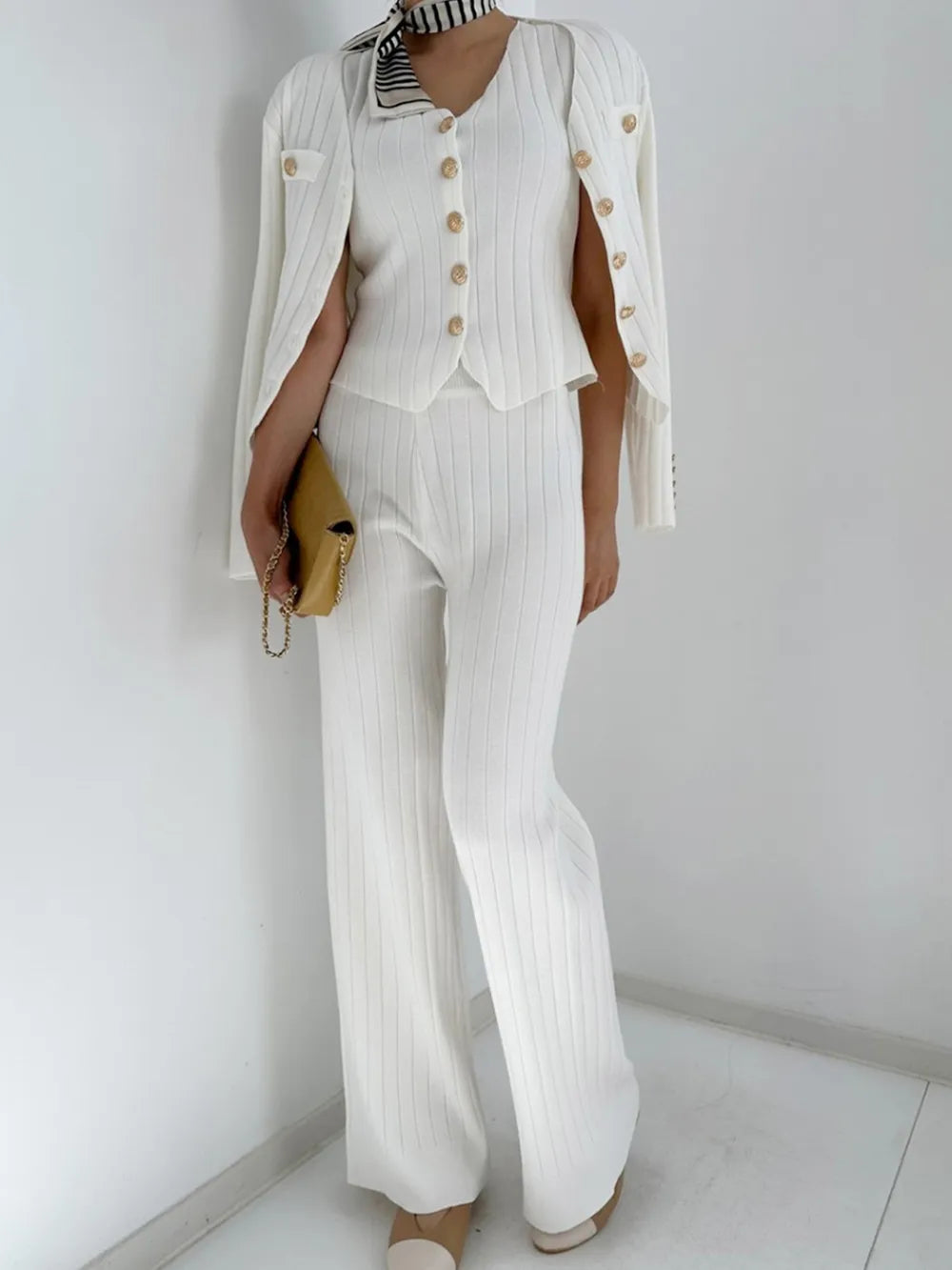 V-Neck Tank, Cardigan and Pants Three-Piece Sweater Set White One Size