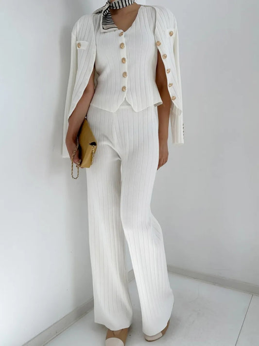 V-Neck Tank, Cardigan and Pants Three-Piece Sweater Set White One Size