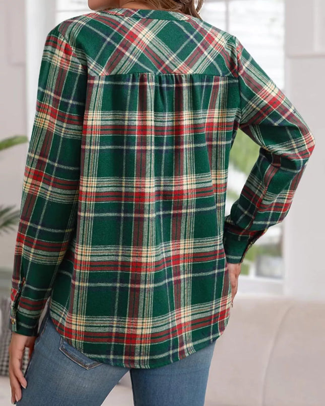 Plaid Half Button Long Sleeve Blouse