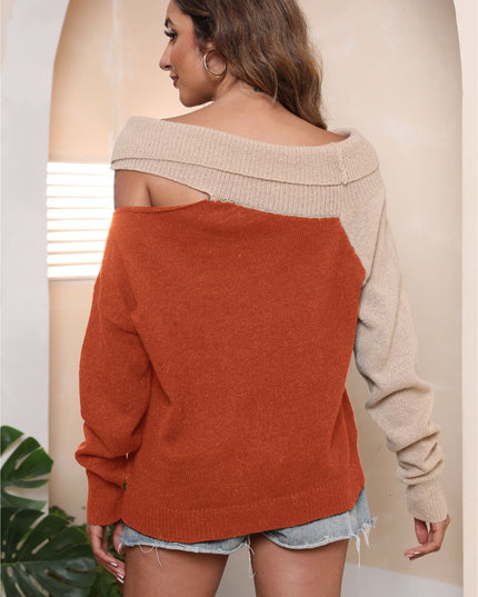 Asymmetrical Long Sleeve Two-Tone Cutout Sweater