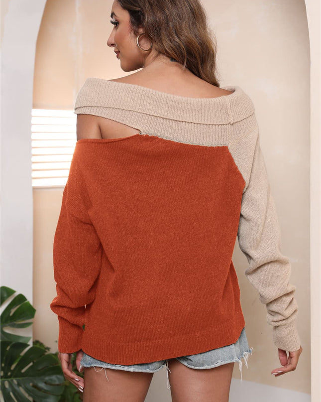 Asymmetrical Long Sleeve Two-Tone Cutout Sweater