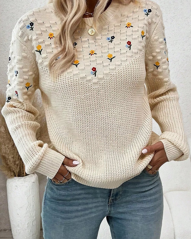 Floral Round Neck Dropped Shoulder Sweater