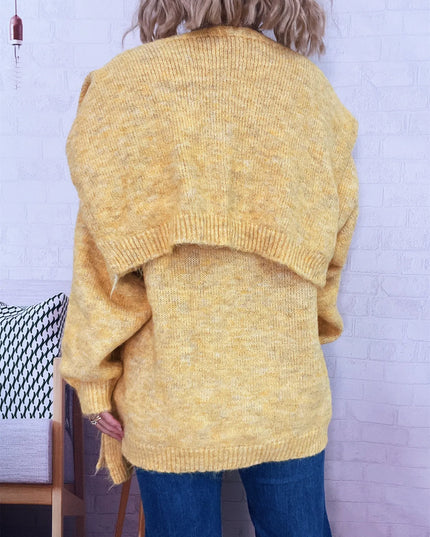 Ribbed Hem V-Neck Sweater with Shawl