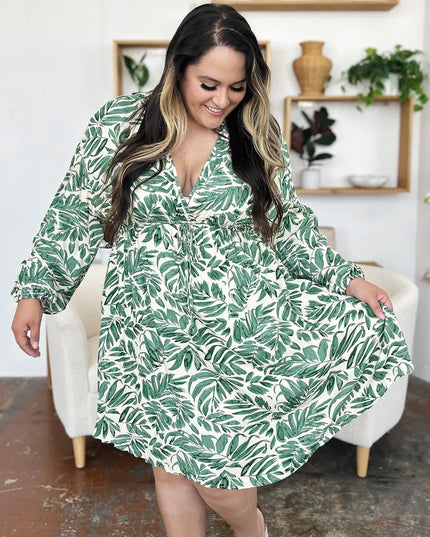 Double Take Full Size Printed Ruched Balloon Sleeve Dress