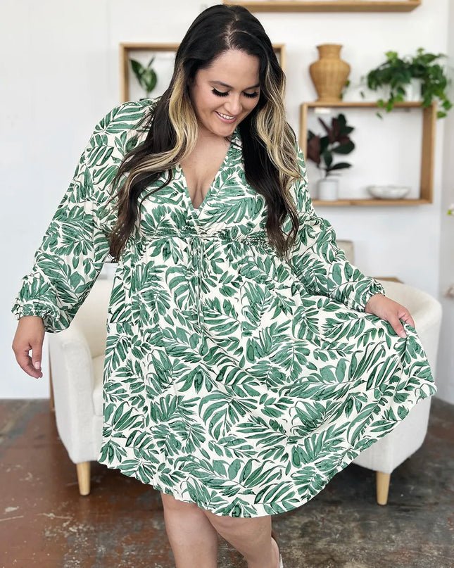 Double Take Full Size Printed Ruched Balloon Sleeve Dress