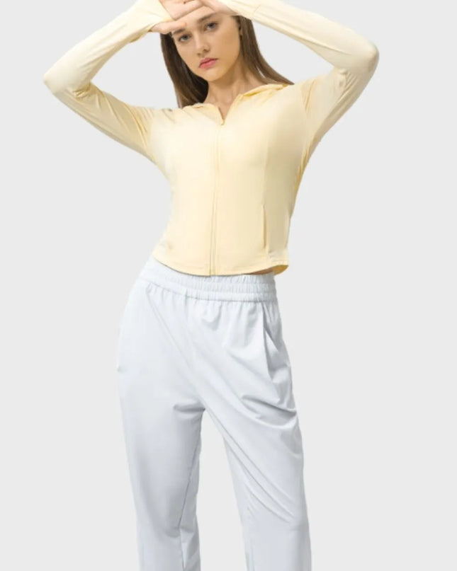 Millennia Pocketed Zip Up Hooded Long Sleeve Active Outerwear Light Yellow