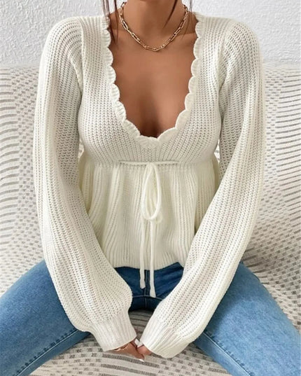 Scalloped V-Neck Drawstring Knit Top