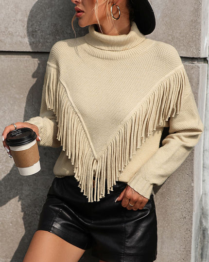Turtle Neck Tassel Front Long Sleeve Pullover Sweater