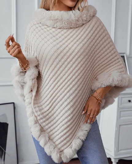 Fuzzy Trim Texture Three-Quarter Sleeve Poncho