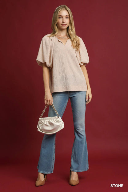 Umgee Texture Puff Sleeve Notched Blouse