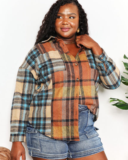 Double Take Plaid Curved Hem Shirt Jacket with Breast Pockets