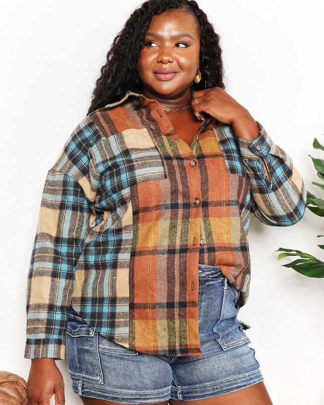 Double Take Plaid Curved Hem Shirt Jacket with Breast Pockets