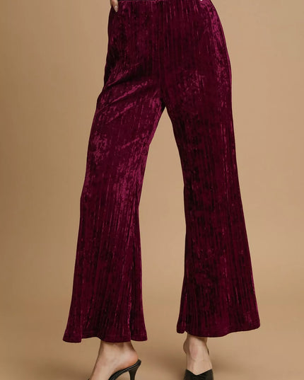 Umgee Velvet Pleated Wide Leg Pants Burgundy