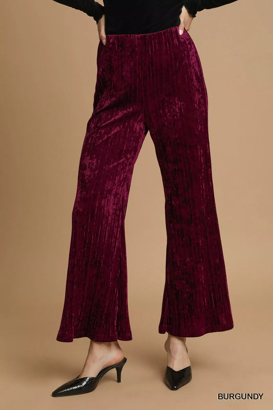 Umgee Velvet Pleated Wide Leg Pants Burgundy