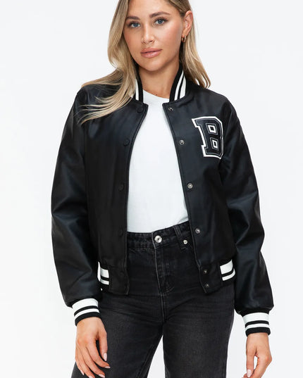 Love Me Now PU Leather Contrast Snap Down Bomber Jacket