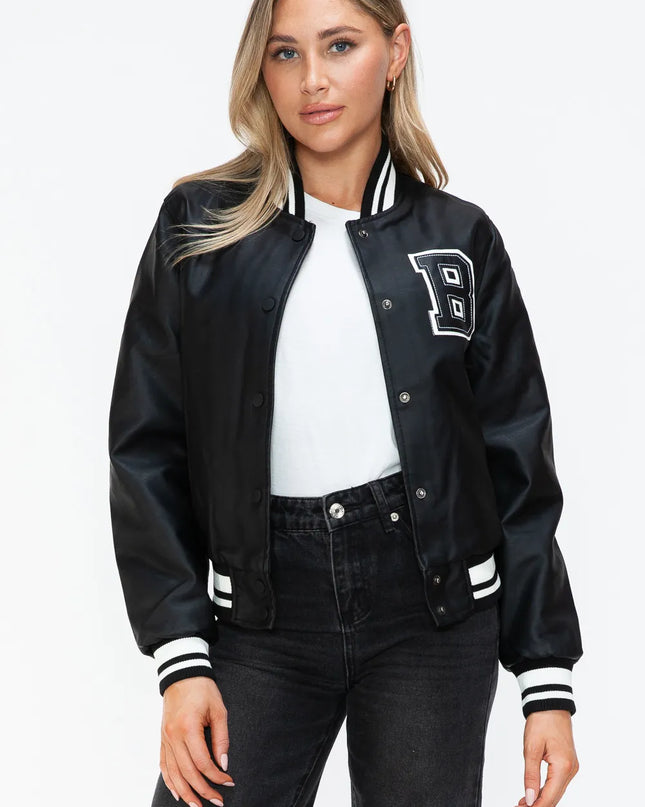 Love Me Now PU Leather Contrast Snap Down Bomber Jacket