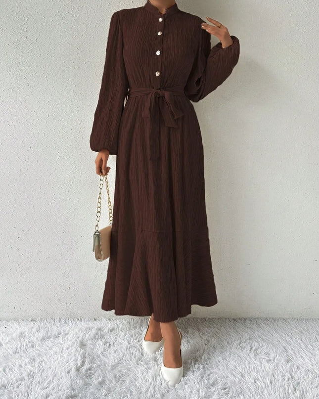 Half Button Tie Waist Long Sleeve Maxi Dress