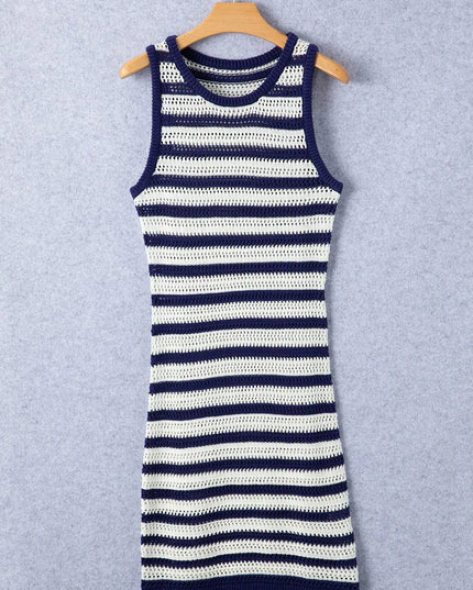 Stripe Hollowed Knit Sleeveless Sweater Dress