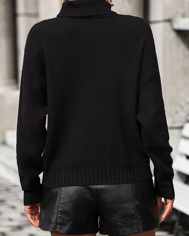 Turtle Neck Tassel Front Long Sleeve Pullover Sweater