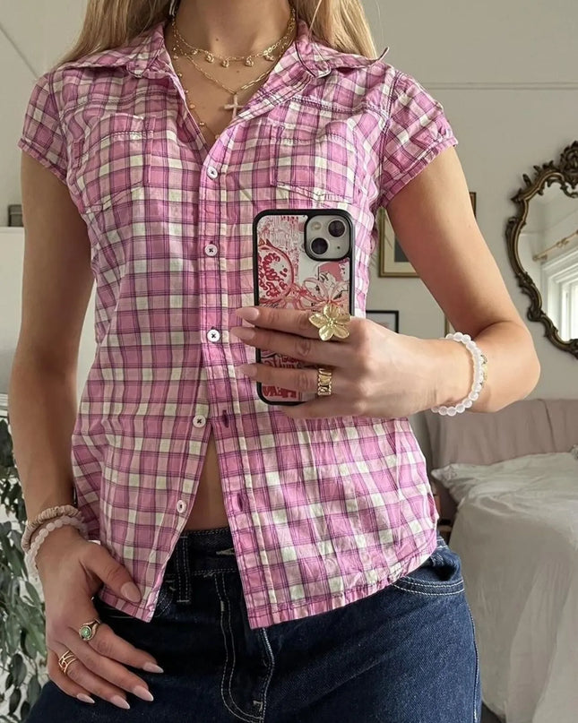 Plaid Cap Sleeve Button-Up Shirt