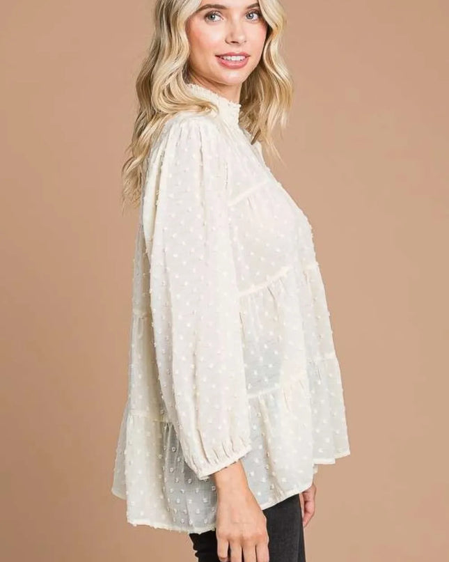 Culture Code Full Size Swiss Dot Smocked Mock Neck Blouse Plus Size