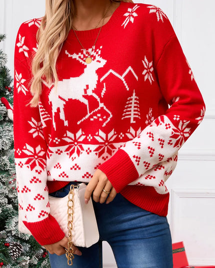 Angel Wings Deer Pattern Round Neck Long Sleeve Sweater