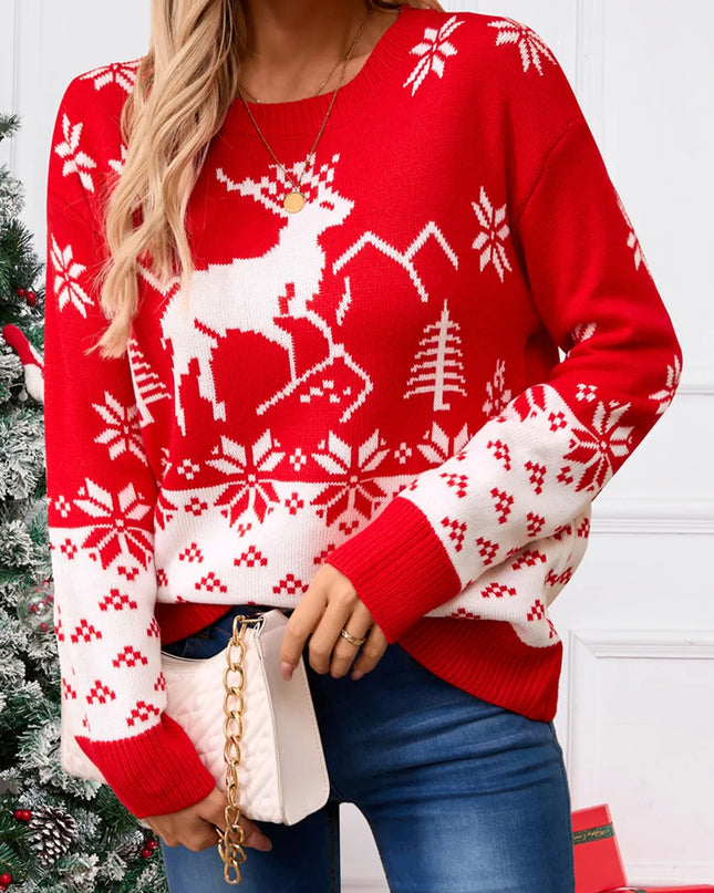 Angel Wings Deer Pattern Round Neck Long Sleeve Sweater