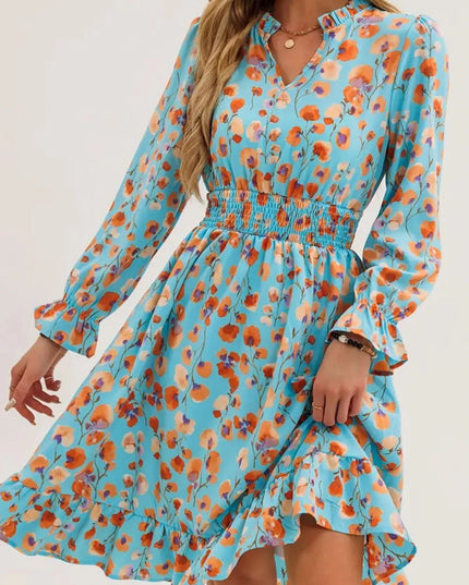 Floral Print Flounce Sleeve Ruffle Hem Dress