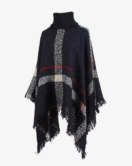 Plaid Turtleneck Raw Hem Poncho