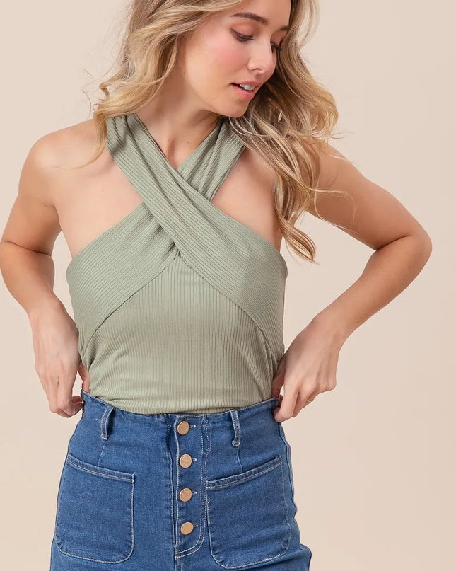 BiBi Rib Knit Cross Neck Banded Top